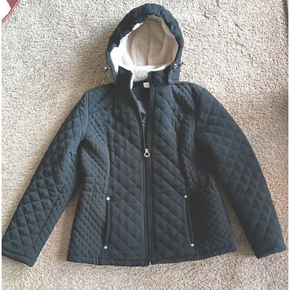 Laundry By Shelli Segal Los Angeles Quilted Jacket Coat Large Black Sherpa Hood